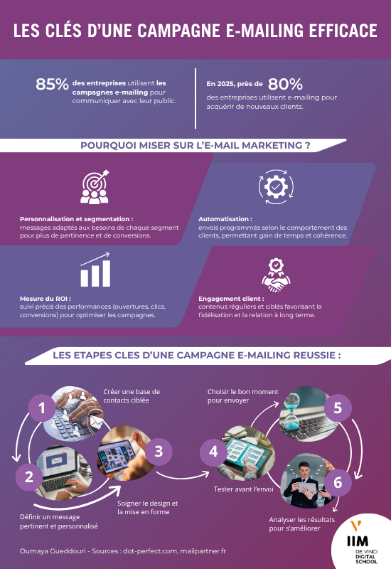 Infographie intitulée "Les clés d’une campagne e-mailing efficace".
En haut, deux statistiques principales sur fond violet :

85% des entreprises utilisent les campagnes e-mailing pour communiquer avec leur public.

En 2025, près de 80% des entreprises utiliseront l’e-mailing pour acquérir de nouveaux clients.

Section suivante, intitulée "Pourquoi miser sur l’e-mail marketing ?" avec quatre blocs illustrés :

Personnalisation et segmentation : messages adaptés aux besoins de chaque segment pour plus de pertinence et de conversions.

Automatisation : envois programmés selon le comportement des clients, pour gagner du temps et assurer la cohérence.

Mesure du ROI : suivi précis des performances (ouvertures, clics, conversions) pour optimiser les campagnes.

Engagement client : contenus réguliers et ciblés favorisant la fidélisation et la relation à long terme.

En bas, un schéma en six étapes circulaires, illustrées par des photos et des icônes, pour "Les étapes clés d’une campagne e-mailing réussie" :

Créer une base de contacts ciblée.

Définir un message pertinent et personnalisé.

Soigner le design et le lisible en forme.

Tester avant l’envoi.

Choisir le bon moment pour envoyer.

Analyser les résultats pour s’améliorer.

En bas à droite, mention de la source : Oumaya Gueddouri, sites dot-perfect.com et mailpartner.fr, créditée à l‘IIM Digital School.